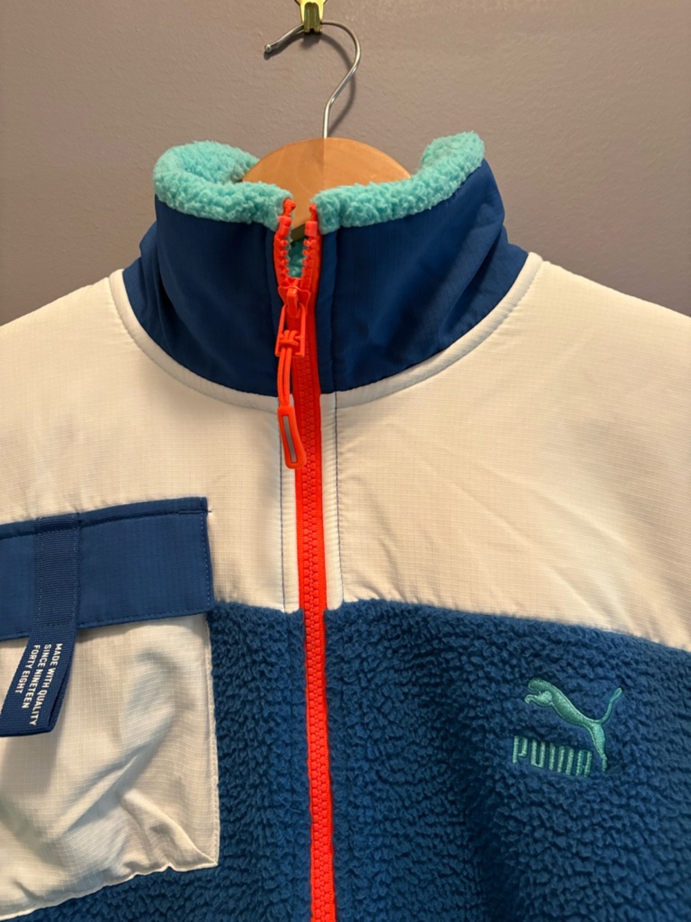 Puma Colorblock Sherpa Jacket in Teal, Navy, White & Orange - Picture 2 of 15